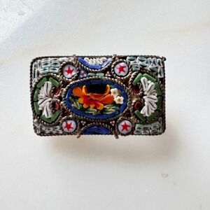 Antique Micro Mosaic Pin Brooch Floral Design Colorful Made in Italy